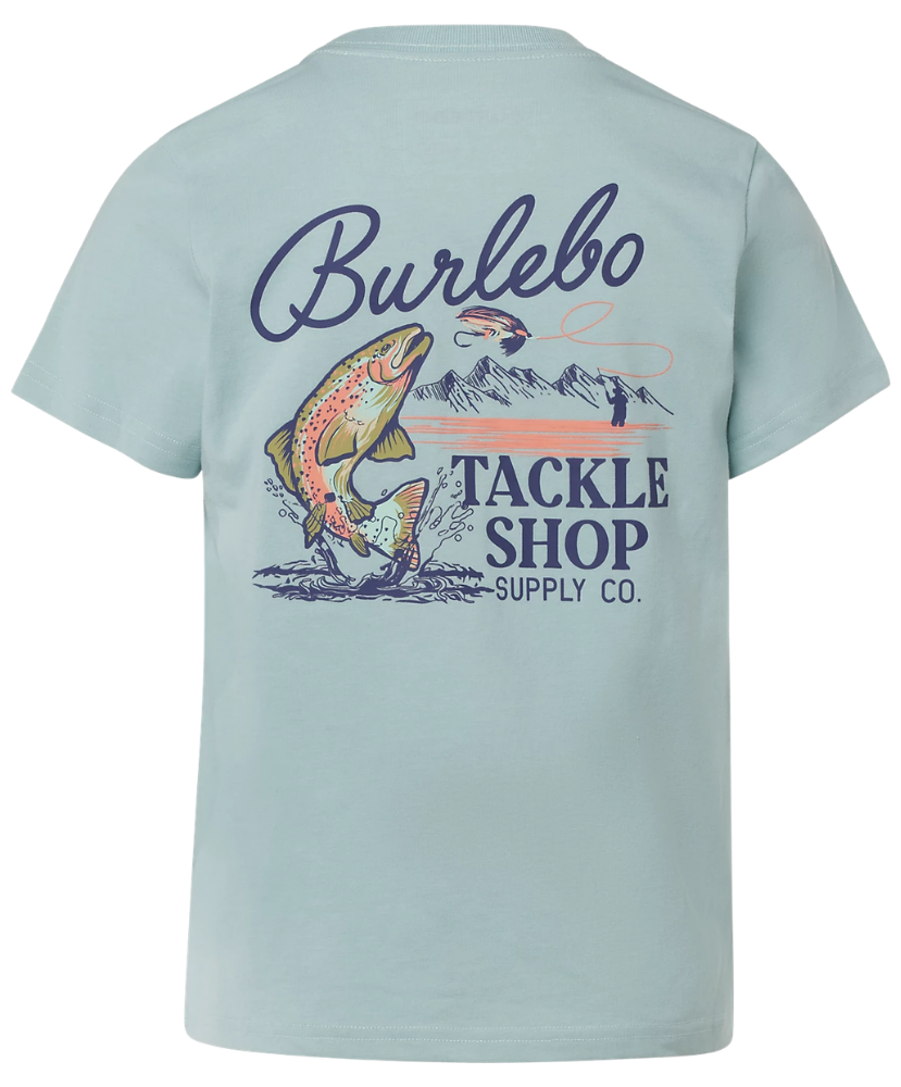 Light blue t-shirt with Burlebo Tackle Shop graphic on a white background