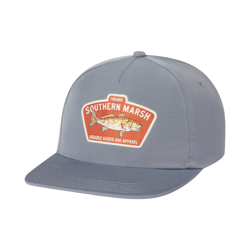 Gray cap with Southern Marsh logo and a redfish on a white background