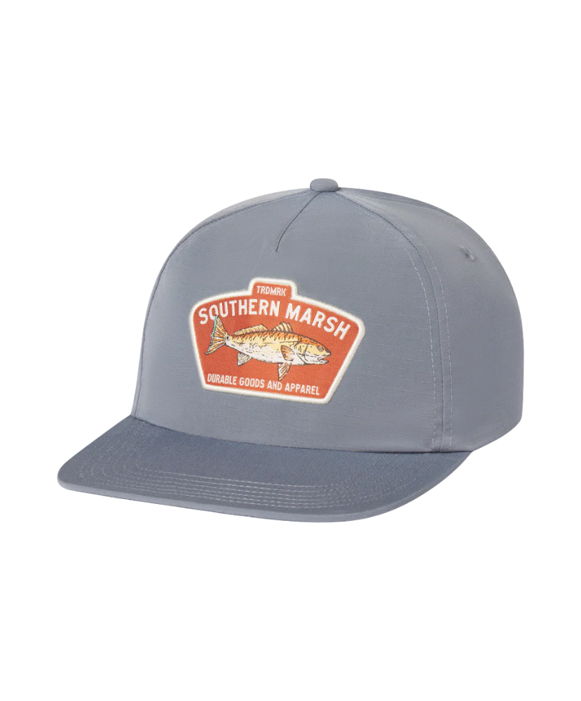 Gray cap with Southern Marsh logo and a redfish on a white background