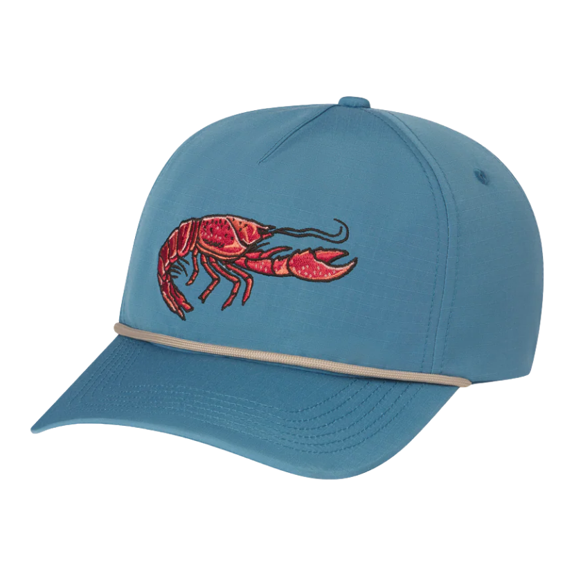 Blue cap with a red CRAWFISH design on a white background