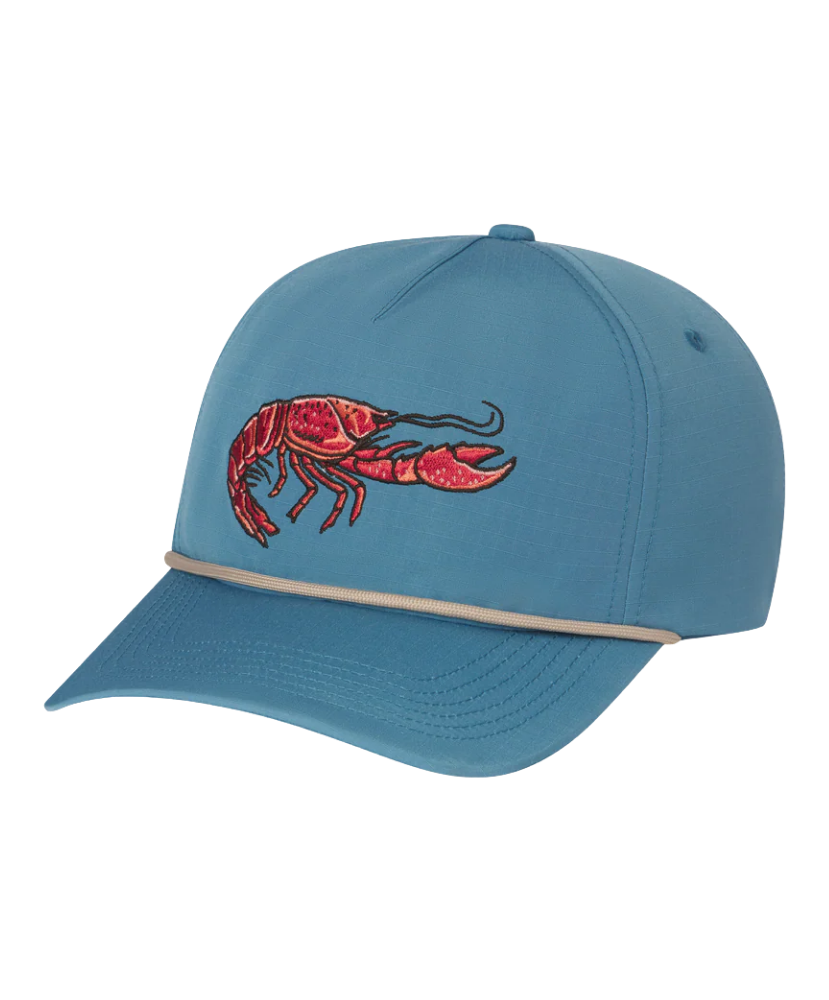Blue cap with a red CRAWFISH design on a white background