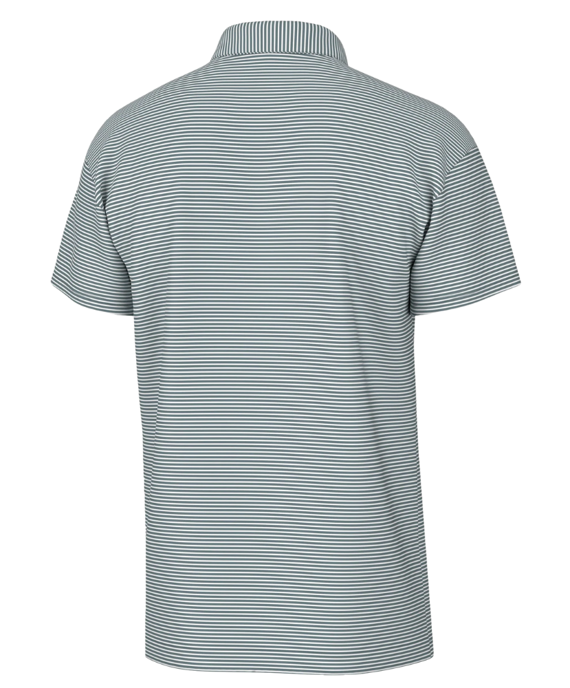 Back view of a striped polo shirt on a white background