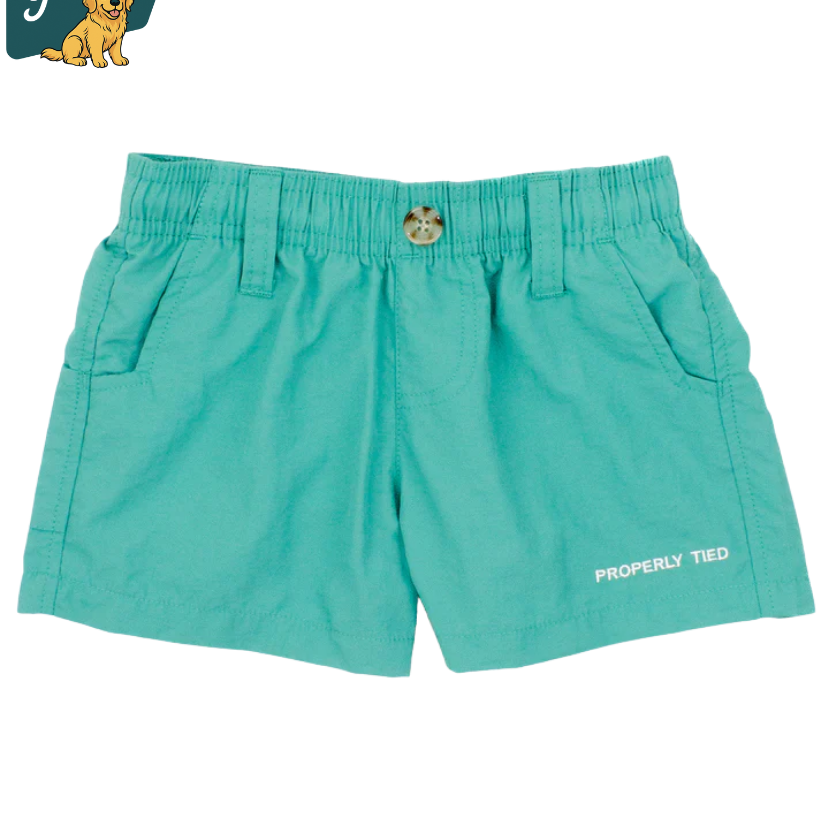 Turquoise shorts with 'Properly Tied' text on a white background
