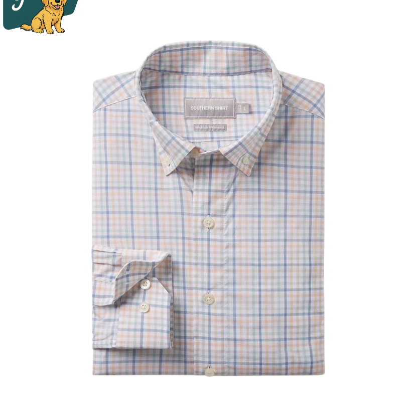 Youth folded Folded plaid shirt with a brand label on a white background