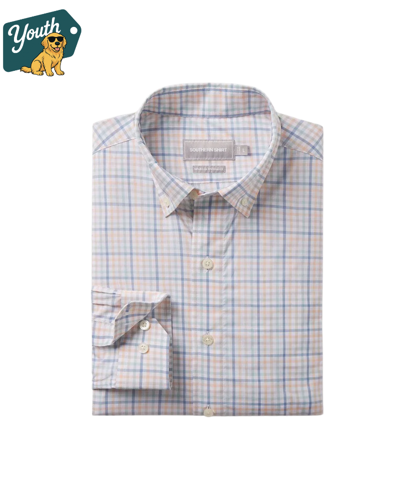 Youth folded Folded plaid shirt with a brand label on a white background
