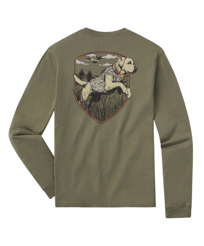 Green long-sleeve shirt with a dog and nature graphic on the back against a white background