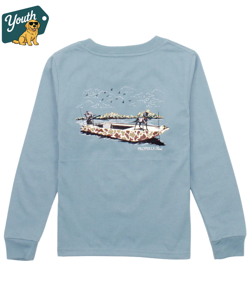 Light blue YOUTH long-sleeve shirt with a graphic of a boat and people on the back, on a white background.
