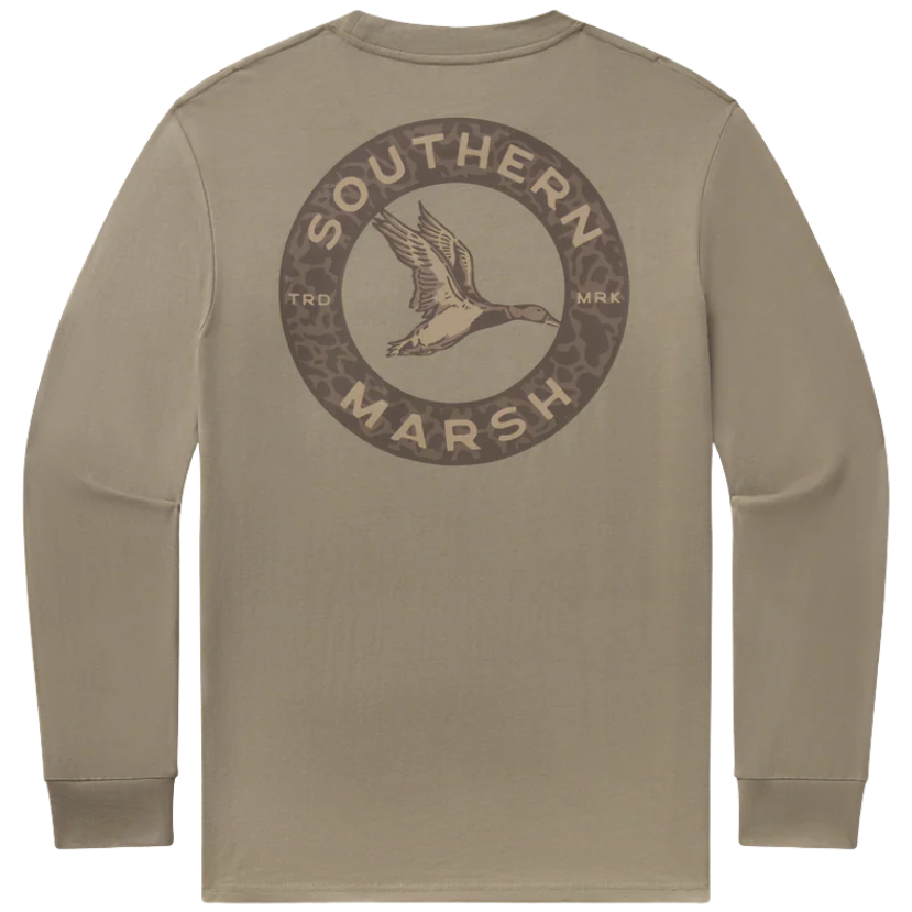 Olive long-sleeve shirt with Southern Marsh mallard logo on a white background