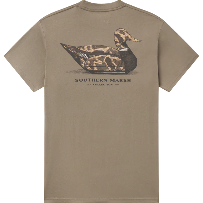 Olive t-shirt with camo duck decoy graphic and 'Southern Marsh' text on a white background