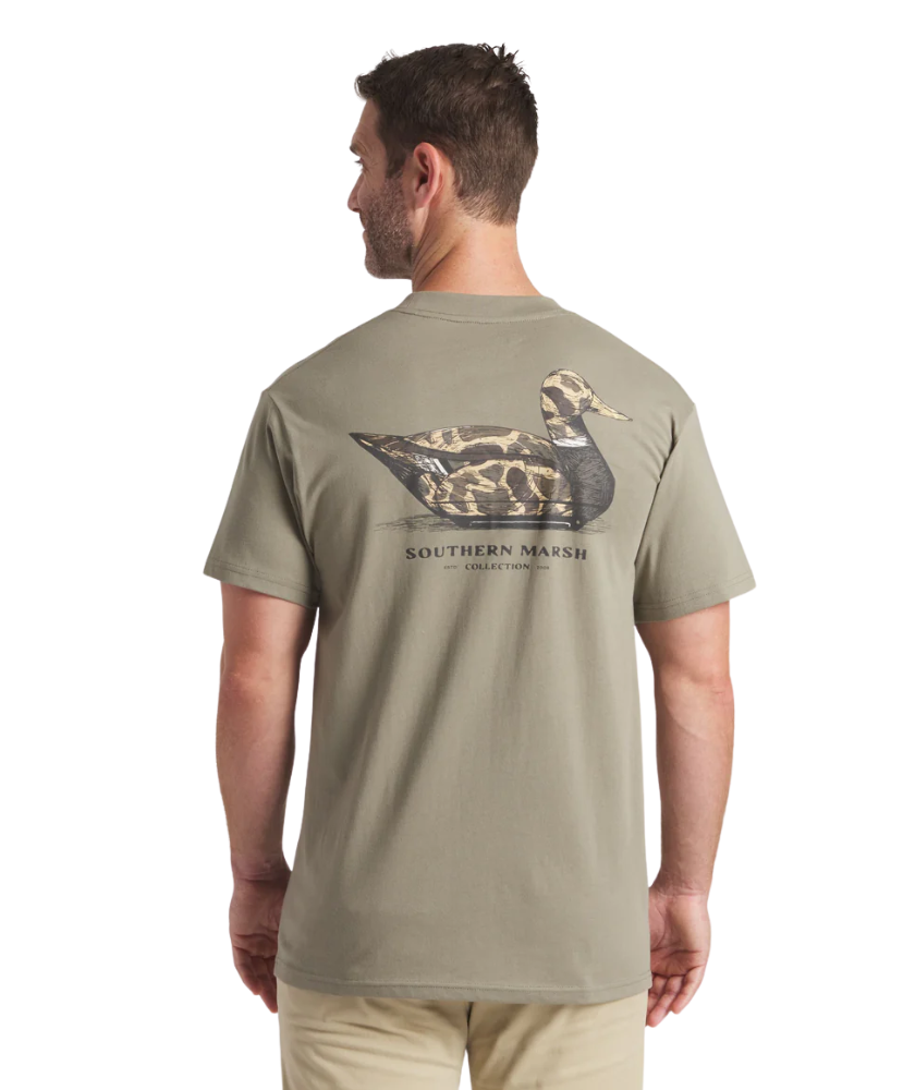 Olive t-shirt with camo duck decoy graphic and 'Southern Marsh' text on a white background