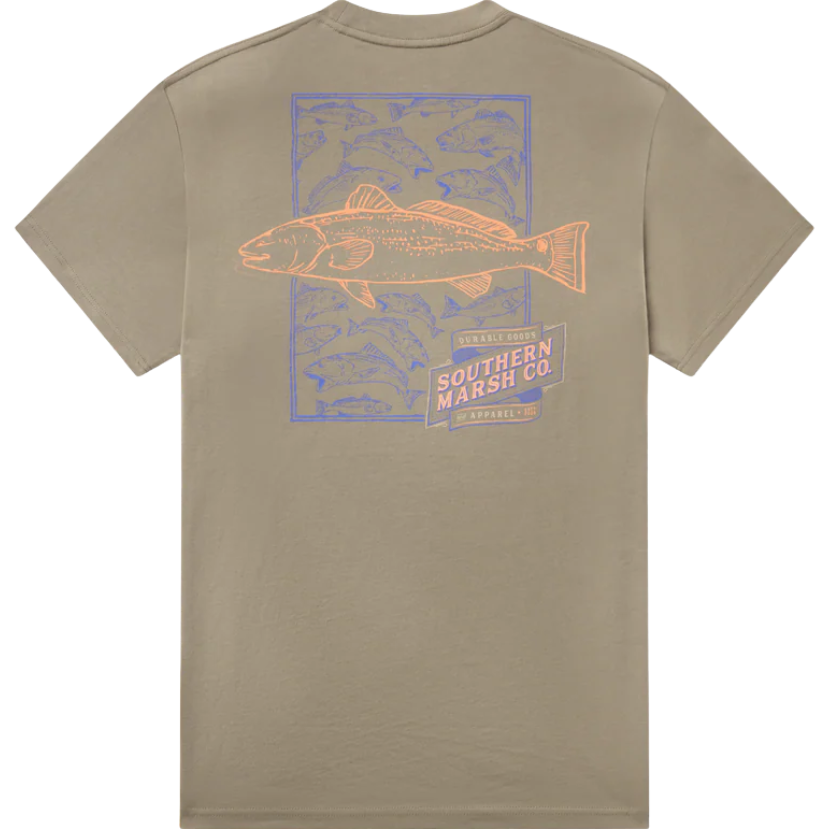 OLIVE GREEN t-shirt with fish graphic and 'Southern Marsh Co' logo on a white background