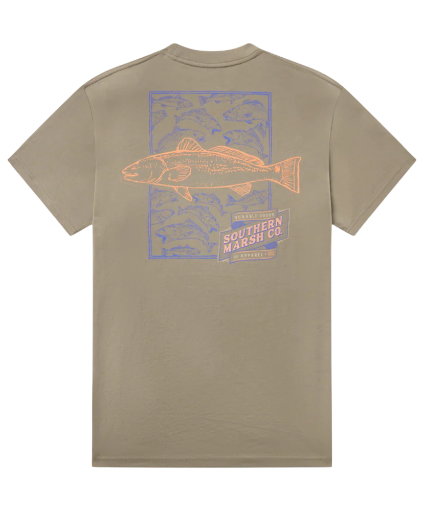 OLIVE GREEN t-shirt with fish graphic and 'Southern Marsh Co' logo on a white background