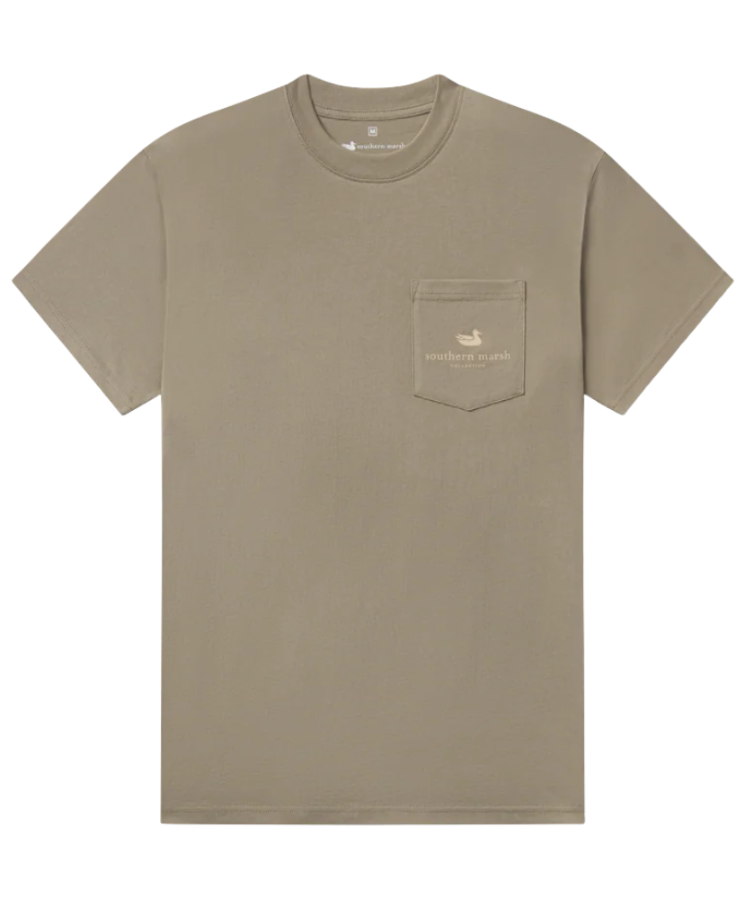OLIVE GREEN t-shirt with fish graphic and 'Southern Marsh Co' logo on a white background