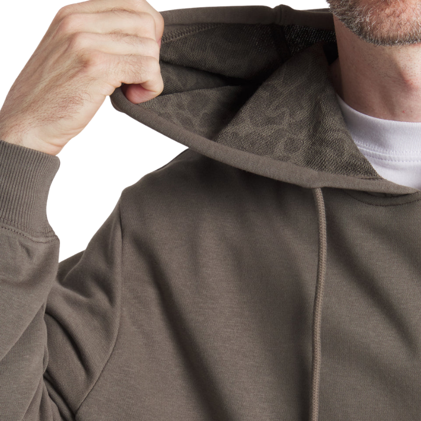 Person wearing a brown hoodie with a white background