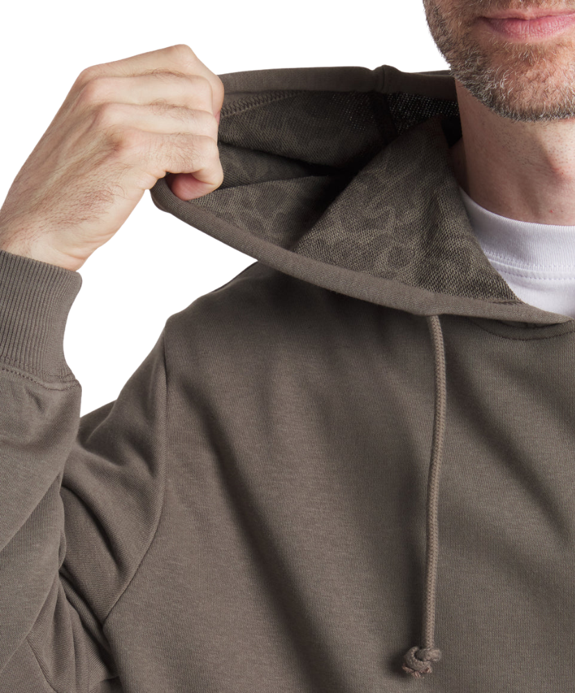 Person wearing a brown hoodie with a white background