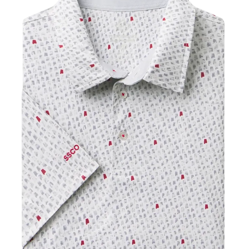 A folded short-sleeve collared shirt with a white base, gray geometric pattern, and small red rectangular accents. The brand name 'SSCO' is visible in red text on the folded sleeve cuff.