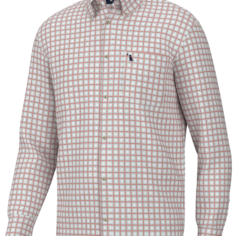 A long sleeve, checkered dress shirt with a left chest pocket, in a beige, white and red color pattern.