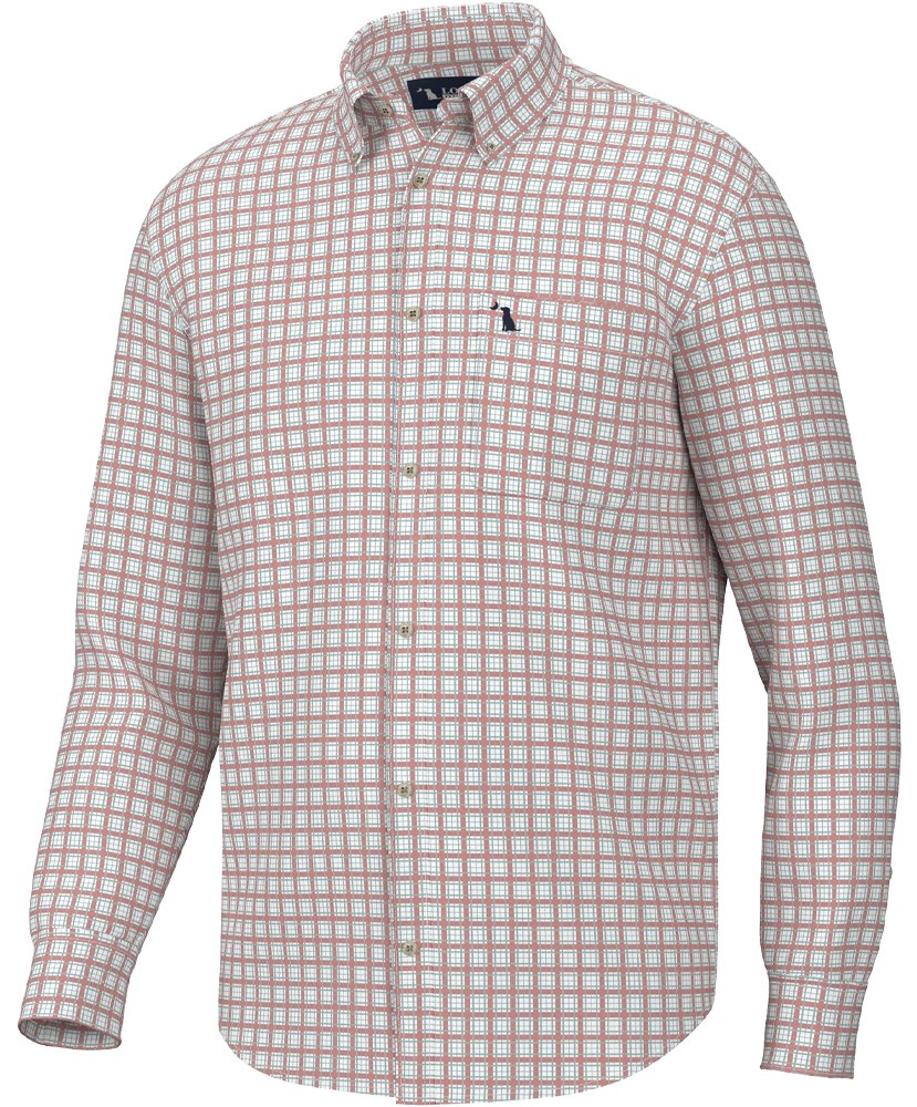 A long sleeve, checkered dress shirt with a left chest pocket, in a beige, white and red color pattern.