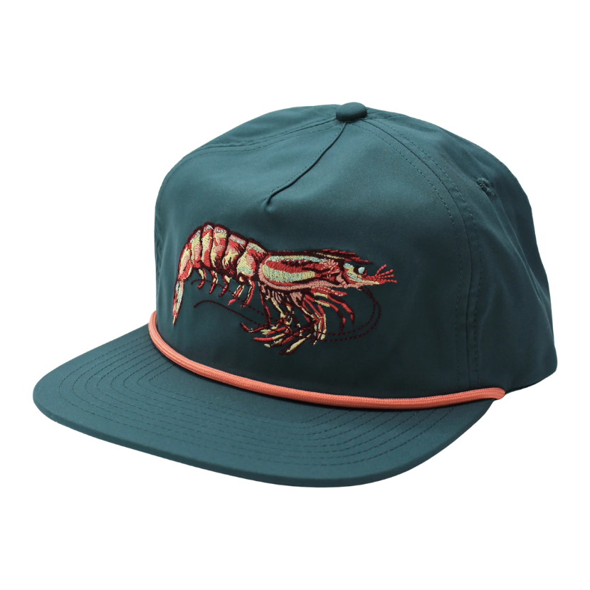 Teal LOCAL BOY cap with a shrimp design on a white background