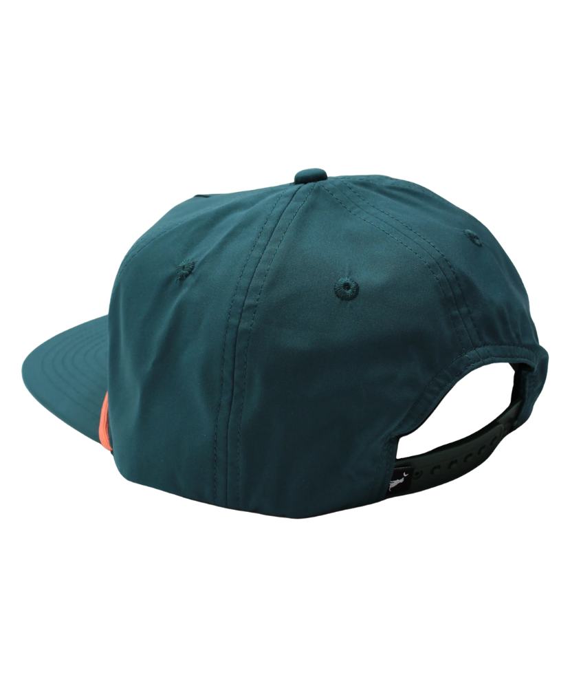 Teal LOCAL BOY cap with a shrimp design on a white background