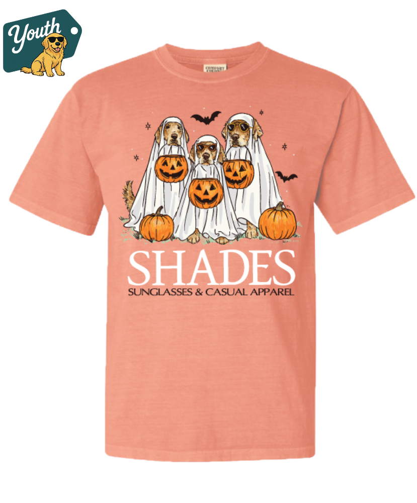 Peach t-shirt with Halloween-themed design featuring dogs in costumes and pumpkins, branded 'Youth'.
