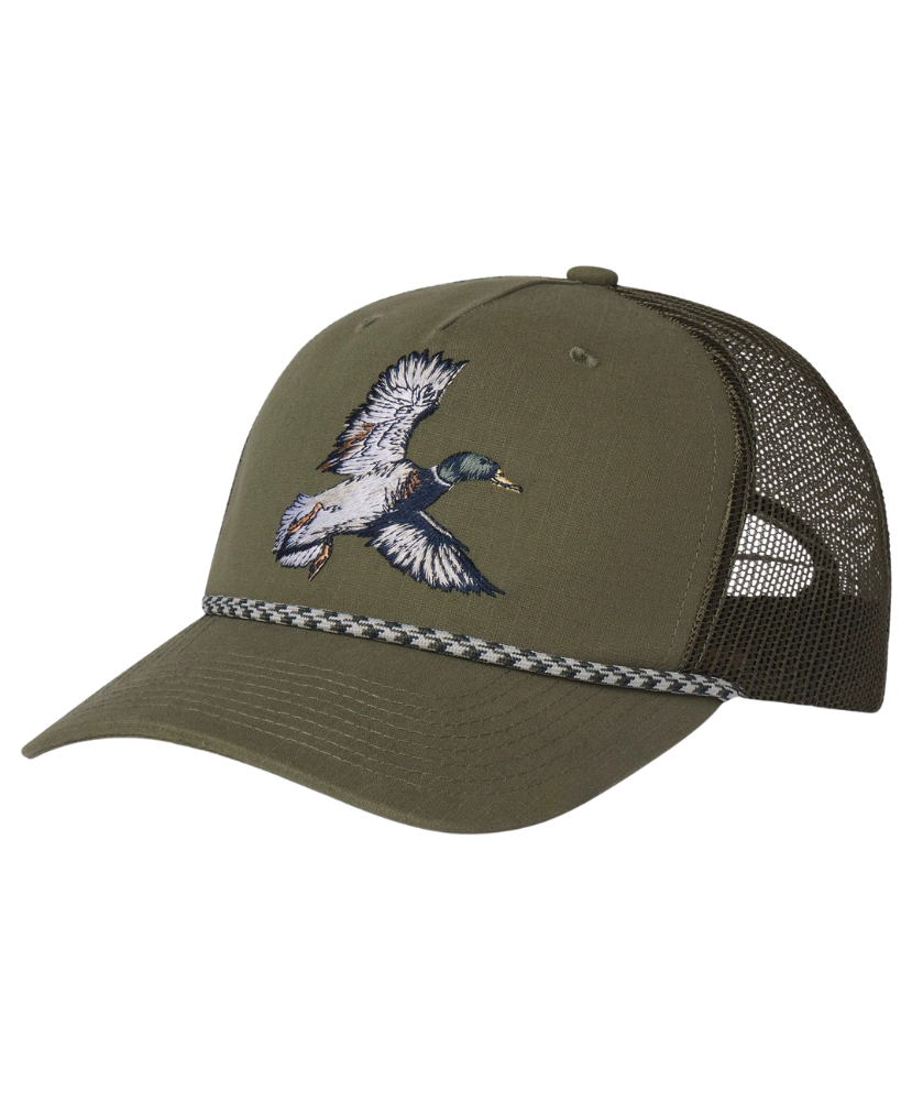 Green cap with a mallard duck design on a white background