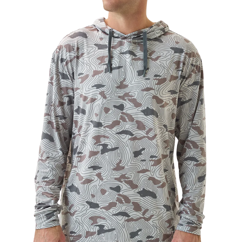 Man wearing a camouflage-patterned BURLEBO hoodie on a white background