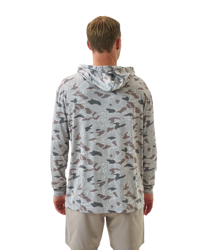 Man wearing a camouflage-patterned BURLEBO hoodie on a white background
