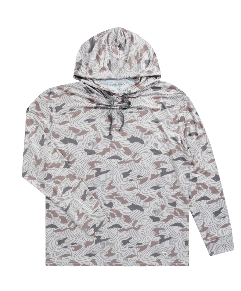 Camouflage-patterned BURLEBO hoodie on a white background