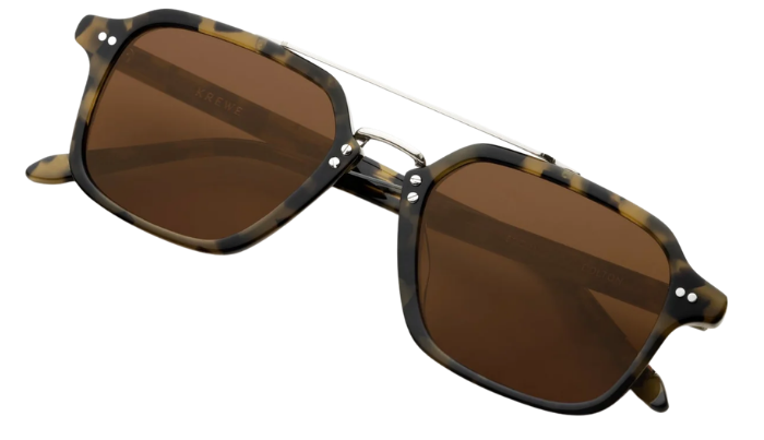 Krewe sunglasses with tortoiseshell frame and brown lenses on a white background