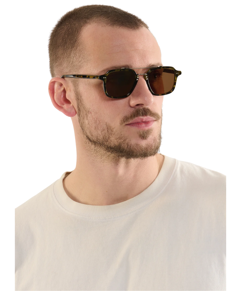 Man wearing sunglasses with a plain white background