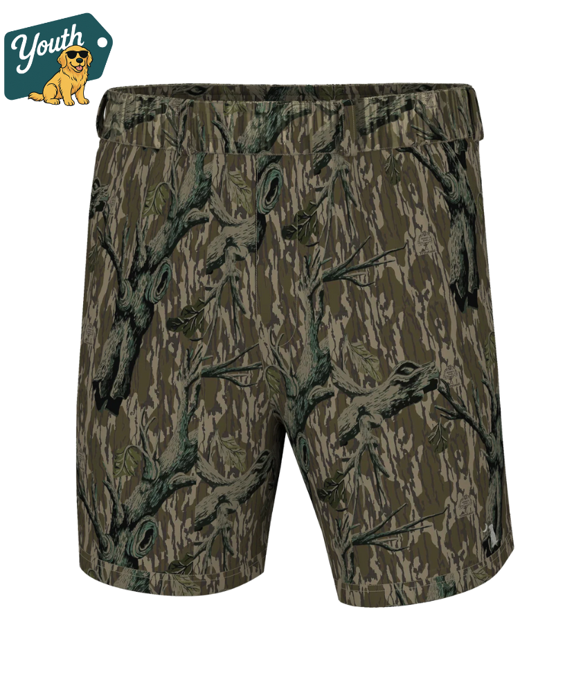 Camouflage shorts on a white background with 'Youth' logo in the corner.