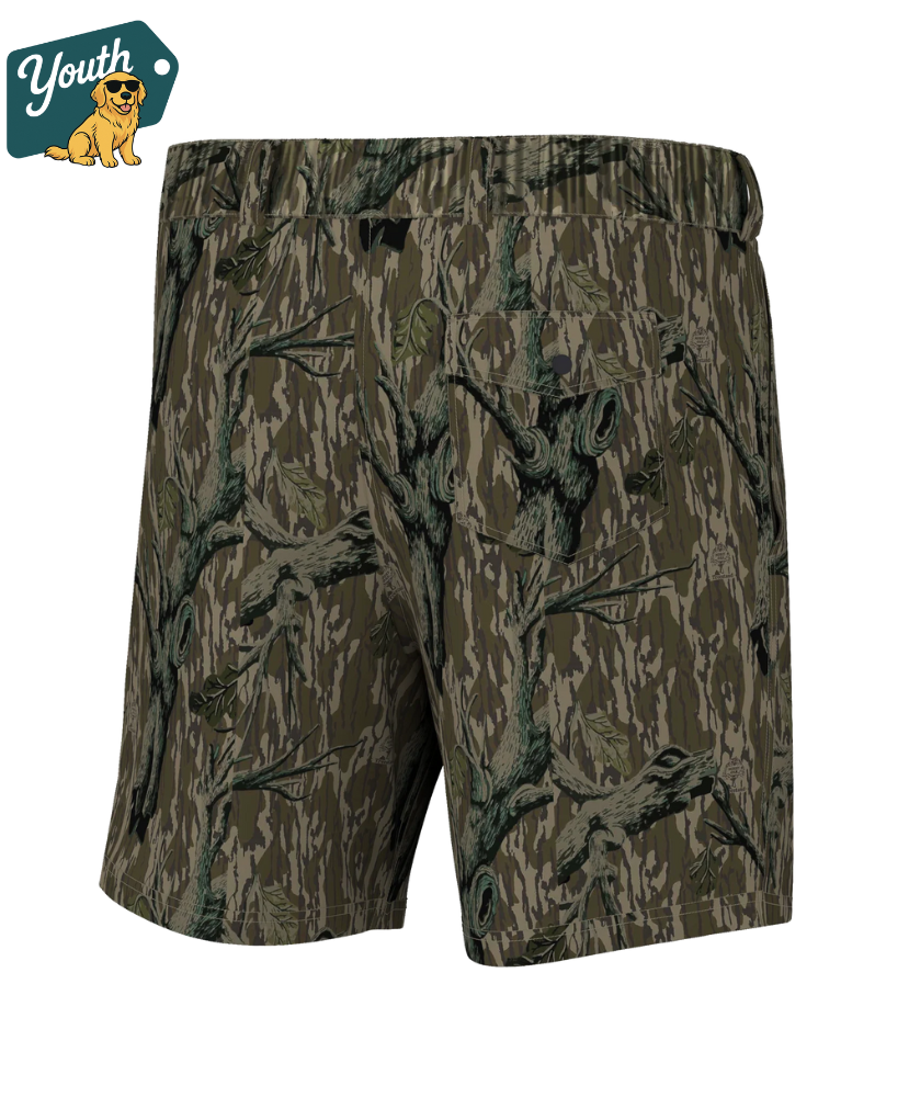 Camouflage shorts with a 'Youth' logo in the corner on a white background