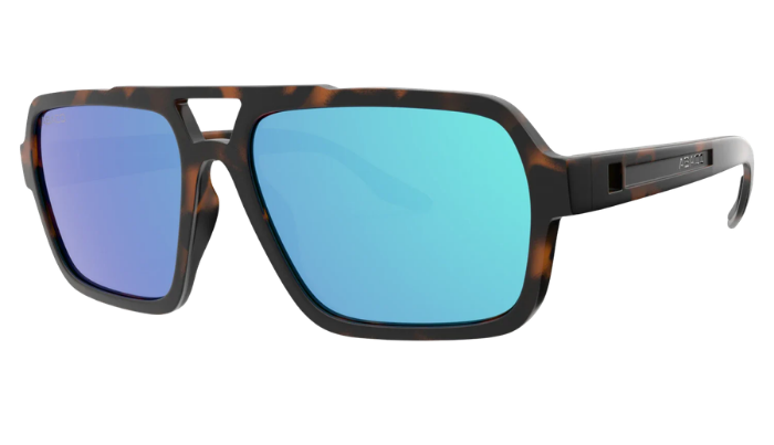 Abaco Sunglasses with blue polarized reflective lenses and tortoiseshell frame on a white background