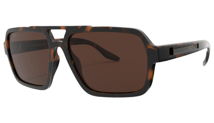 Abaco Sunglasses with brown polarized lenses and tortoiseshell frame on a white background