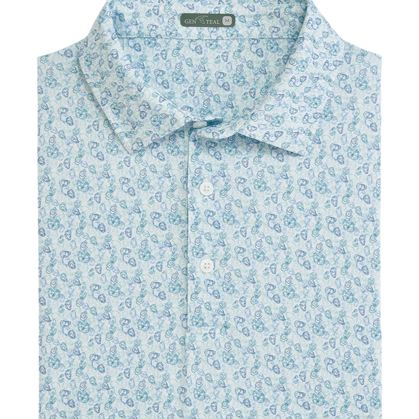 Light blue OYSTER patterned shirt on a white background