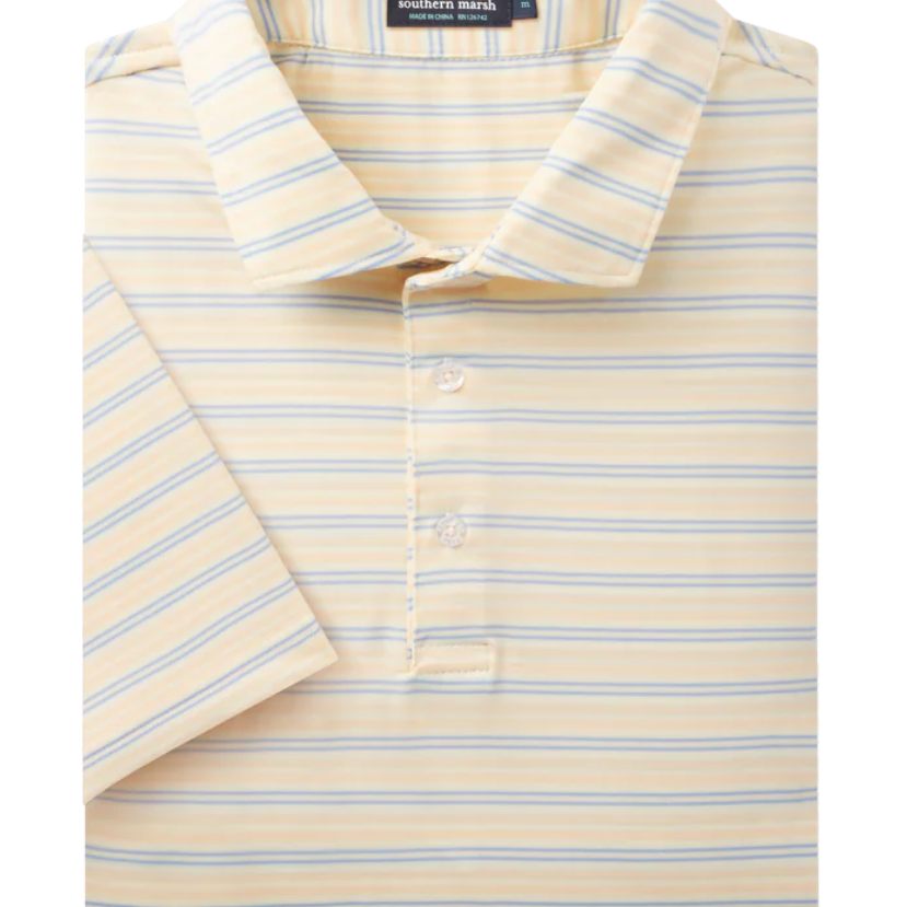Yellow and blue striped polo shirt with 'Southern Marsh' label on a white background