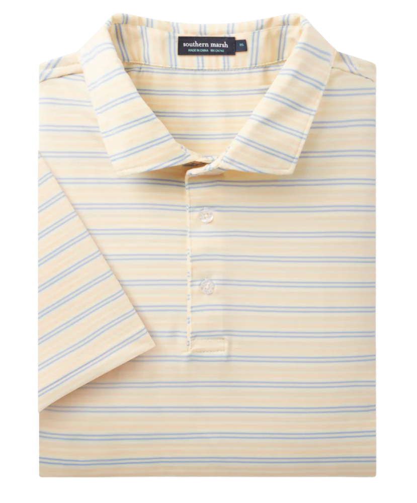 Yellow and blue striped polo shirt with 'Southern Marsh' label on a white background