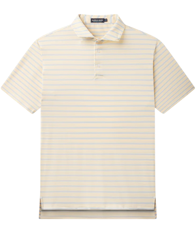 YELLOW AND BLUE Striped polo shirt on a white background