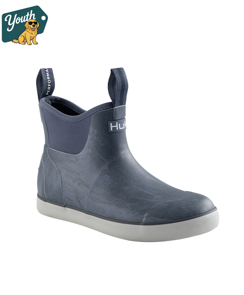 Blue ankle boot with white sole on a white background, featuring the 'Youth' logo in the corner.