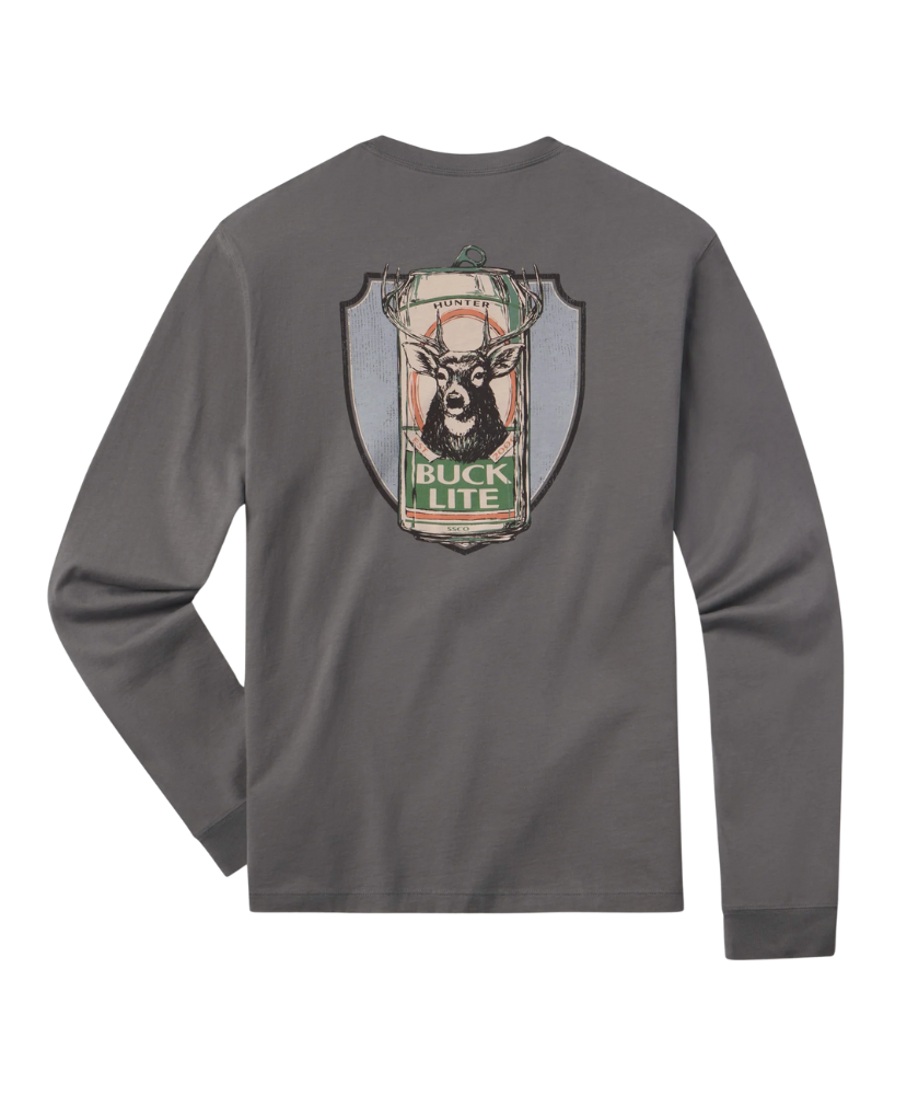 Gray long-sleeve shirt with a graphic of a deer and text on a white background