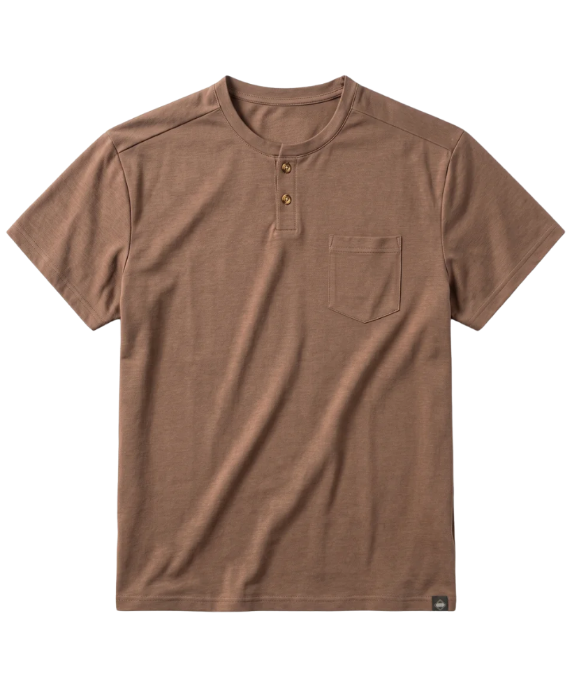 A brown short-sleeve henley t-shirt with a chest pocket and three-button placket, displayed flat against a white background.