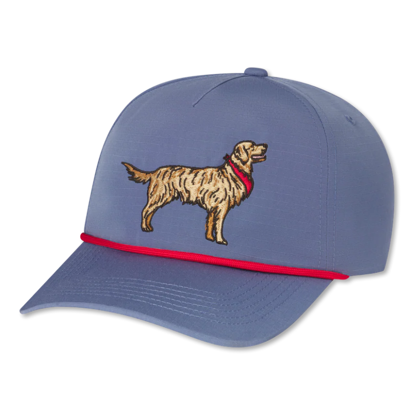 Blue cap with a Golden Retriever illustration and red rope on a white background