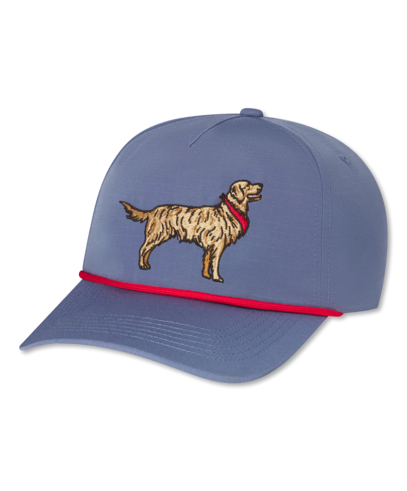 Blue cap with a Golden Retriever illustration and red rope on a white background