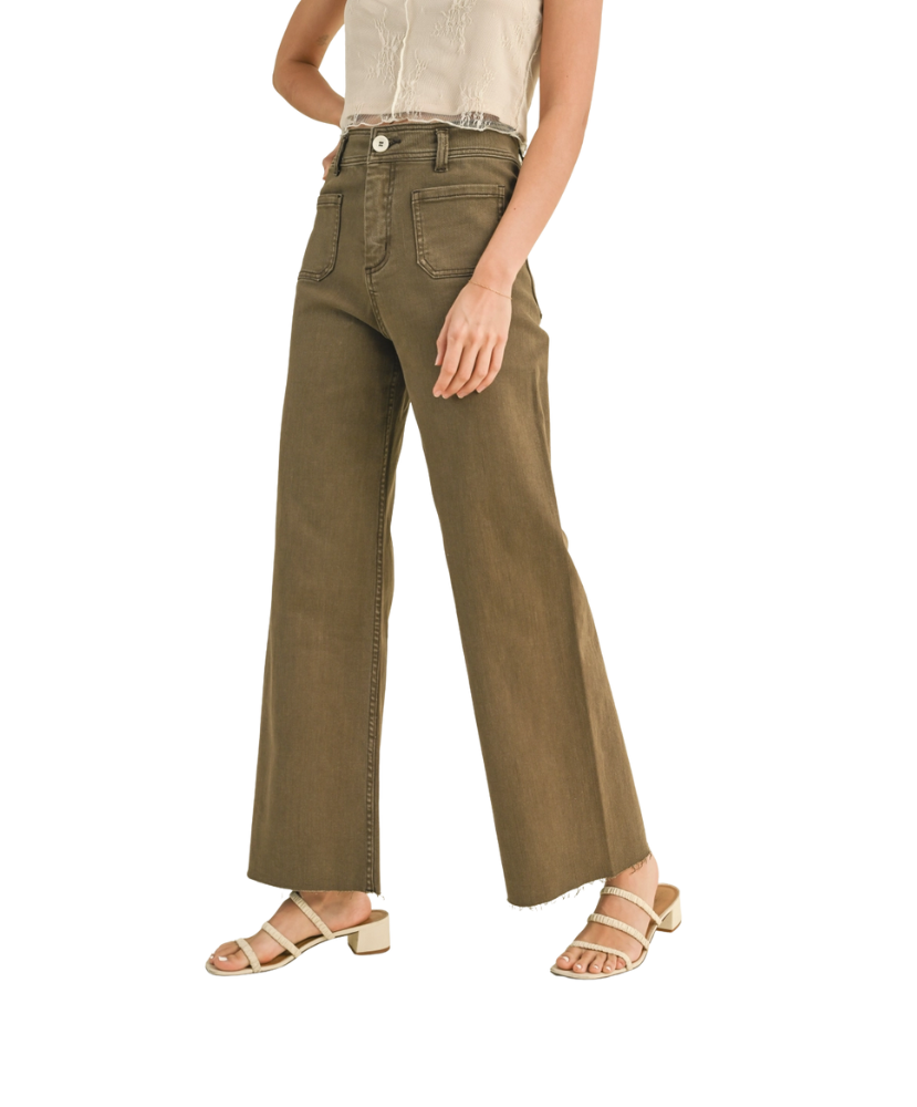 Person wearing olive green wide-leg jeans on a white background