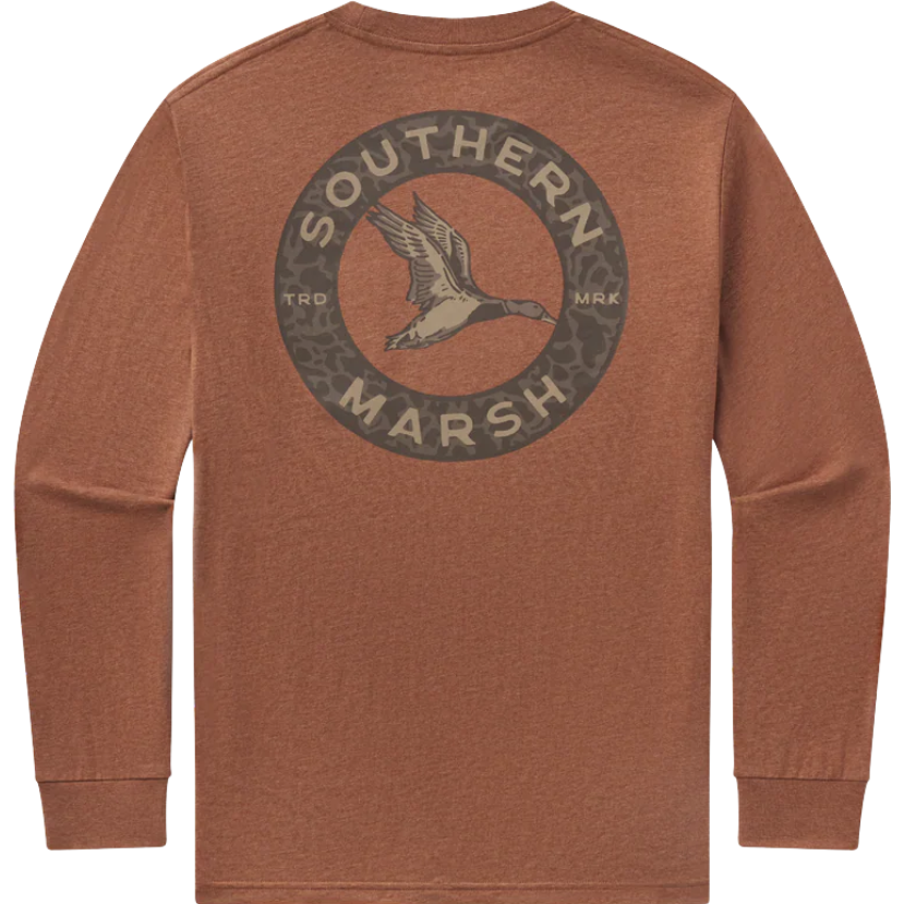 Brown long-sleeve shirt with Southern Marsh logo with a mallard duck on the back against a white background