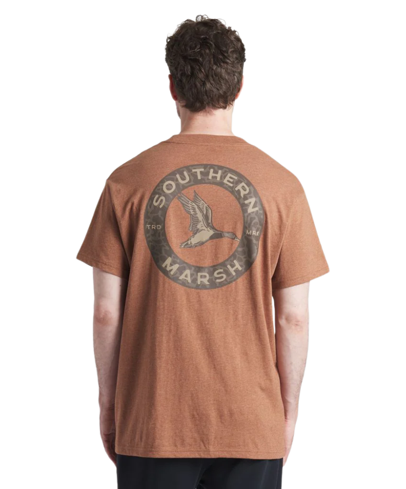 Brown t-shirt with Southern Marsh and mallard duck logo on the back against a white background