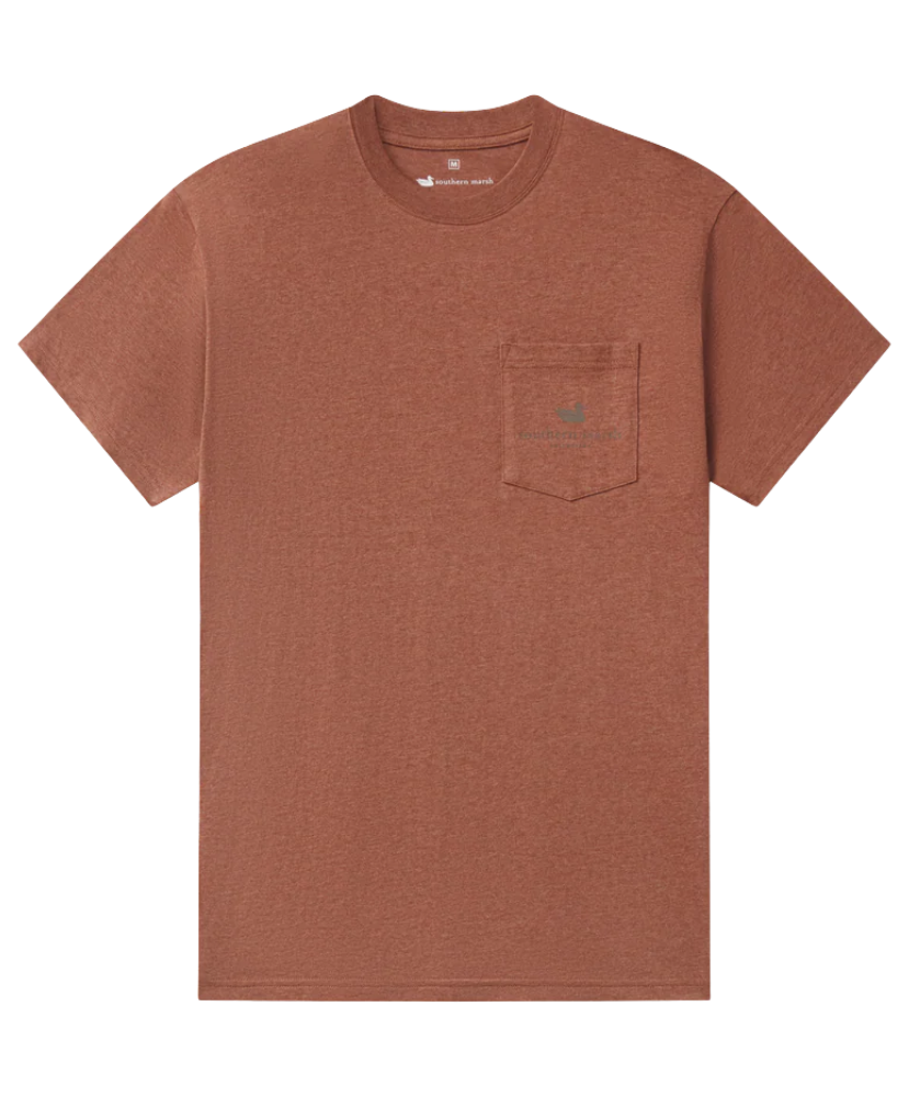 Brown t-shirt with a Southern Marsh pocket on a white background