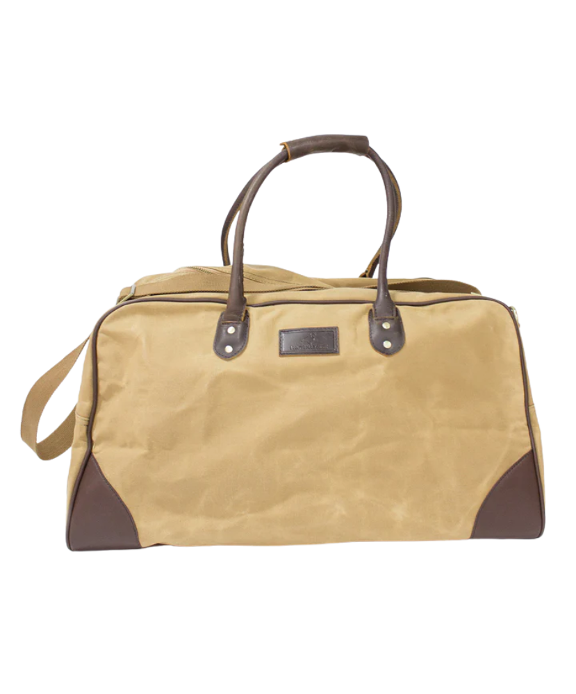 Beige duffel bag with brown accents on a white background