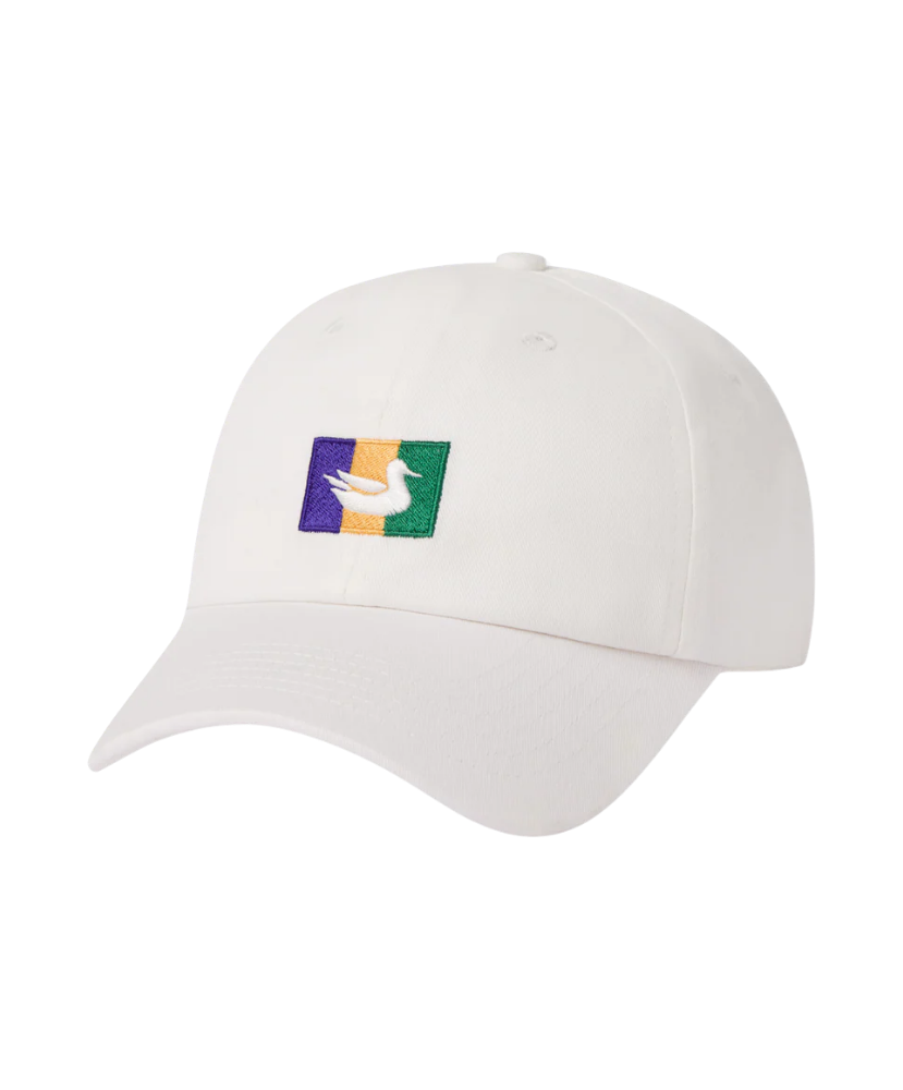 MARDI GRAS White cap with a colorful logo on a white background
